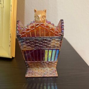 Iridescent Glass Basket with Cat Lid